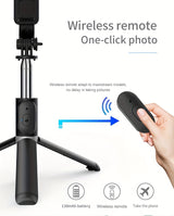 40" retractable selfie stick tripod with wireless remote and 360° rotation. Stable anti-shake design ideal for travel, vlogs, live streaming, iPhone & Android.