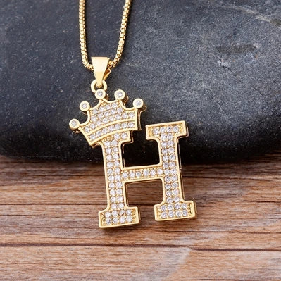 New Luxury Copper Zircon A-Z Crown Alphabet Pendant Chain Necklace Hip-Hop Style Fashion Woman Man Initial Name Jewelry goobingoo