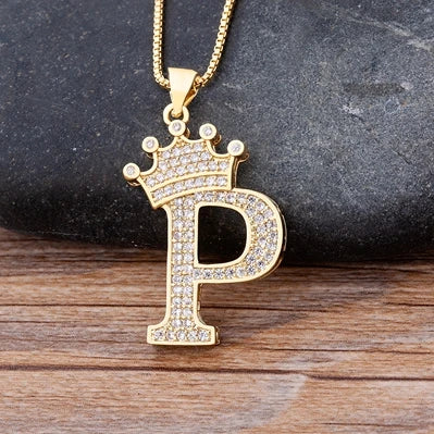 New Luxury Copper Zircon A-Z Crown Alphabet Pendant Chain Necklace Hip-Hop Style Fashion Woman Man Initial Name Jewelry goobingoo