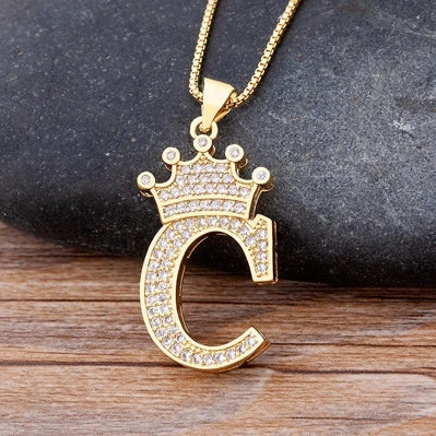 New Luxury Copper Zircon A-Z Crown Alphabet Pendant Chain Necklace Hip-Hop Style Fashion Woman Man Initial Name Jewelry goobingoo
