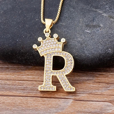New Luxury Copper Zircon A-Z Crown Alphabet Pendant Chain Necklace Hip-Hop Style Fashion Woman Man Initial Name Jewelry goobingoo