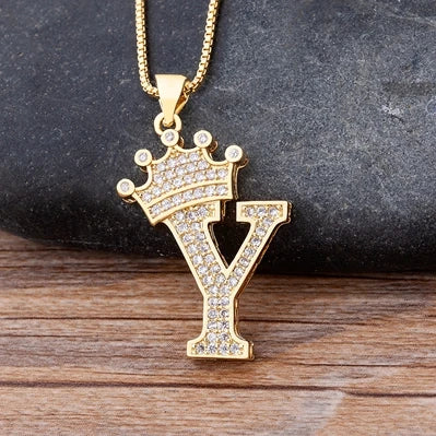 New Luxury Copper Zircon A-Z Crown Alphabet Pendant Chain Necklace Hip-Hop Style Fashion Woman Man Initial Name Jewelry goobingoo