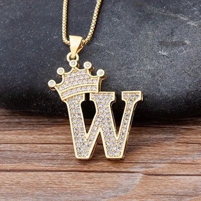 New Luxury Copper Zircon A-Z Crown Alphabet Pendant Chain Necklace Hip-Hop Style Fashion Woman Man Initial Name Jewelry goobingoo