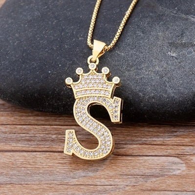 New Luxury Copper Zircon A-Z Crown Alphabet Pendant Chain Necklace Hip-Hop Style Fashion Woman Man Initial Name Jewelry goobingoo