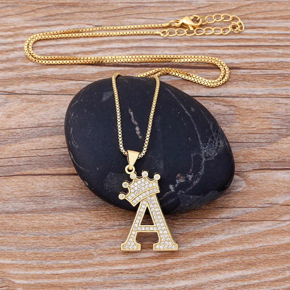 New Luxury Copper Zircon A-Z Crown Alphabet Pendant Chain Necklace Hip-Hop Style Fashion Woman Man Initial Name Jewelry goobingoo