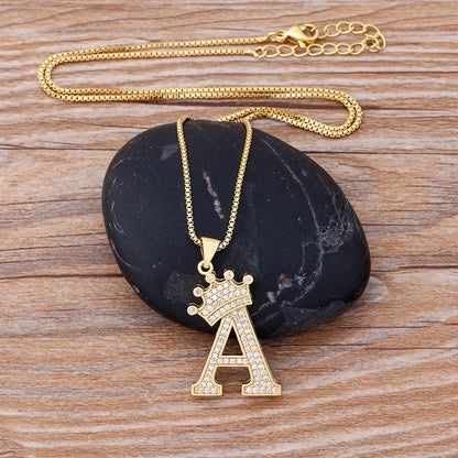 New Luxury Copper Zircon A-Z Crown Alphabet Pendant Chain Necklace Hip-Hop Style Fashion Woman Man Initial Name Jewelry goobingoo