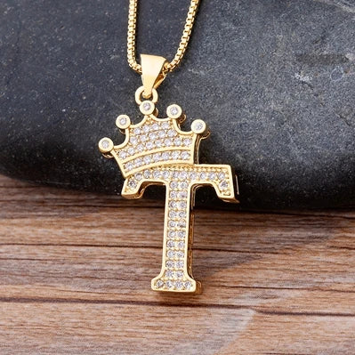 New Luxury Copper Zircon A-Z Crown Alphabet Pendant Chain Necklace Hip-Hop Style Fashion Woman Man Initial Name Jewelry goobingoo