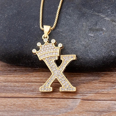 New Luxury Copper Zircon A-Z Crown Alphabet Pendant Chain Necklace Hip-Hop Style Fashion Woman Man Initial Name Jewelry goobingoo