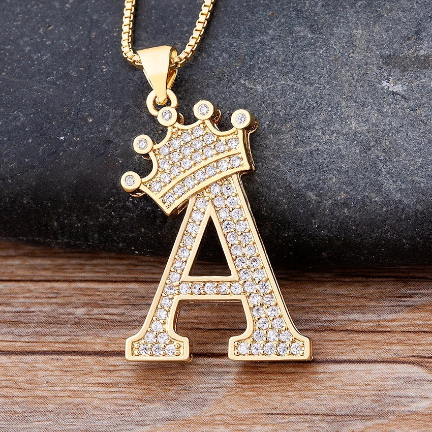 New Luxury Copper Zircon A-Z Crown Alphabet Pendant Chain Necklace Hip-Hop Style Fashion Woman Man Initial Name Jewelry goobingoo