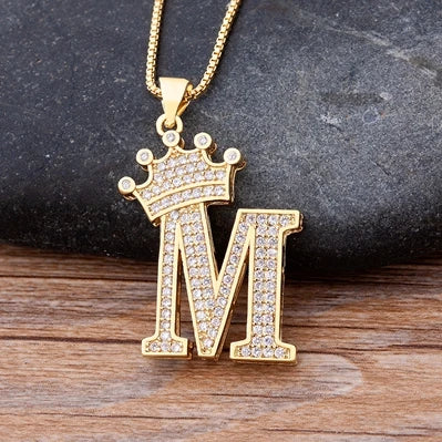 New Luxury Copper Zircon A-Z Crown Alphabet Pendant Chain Necklace Hip-Hop Style Fashion Woman Man Initial Name Jewelry goobingoo