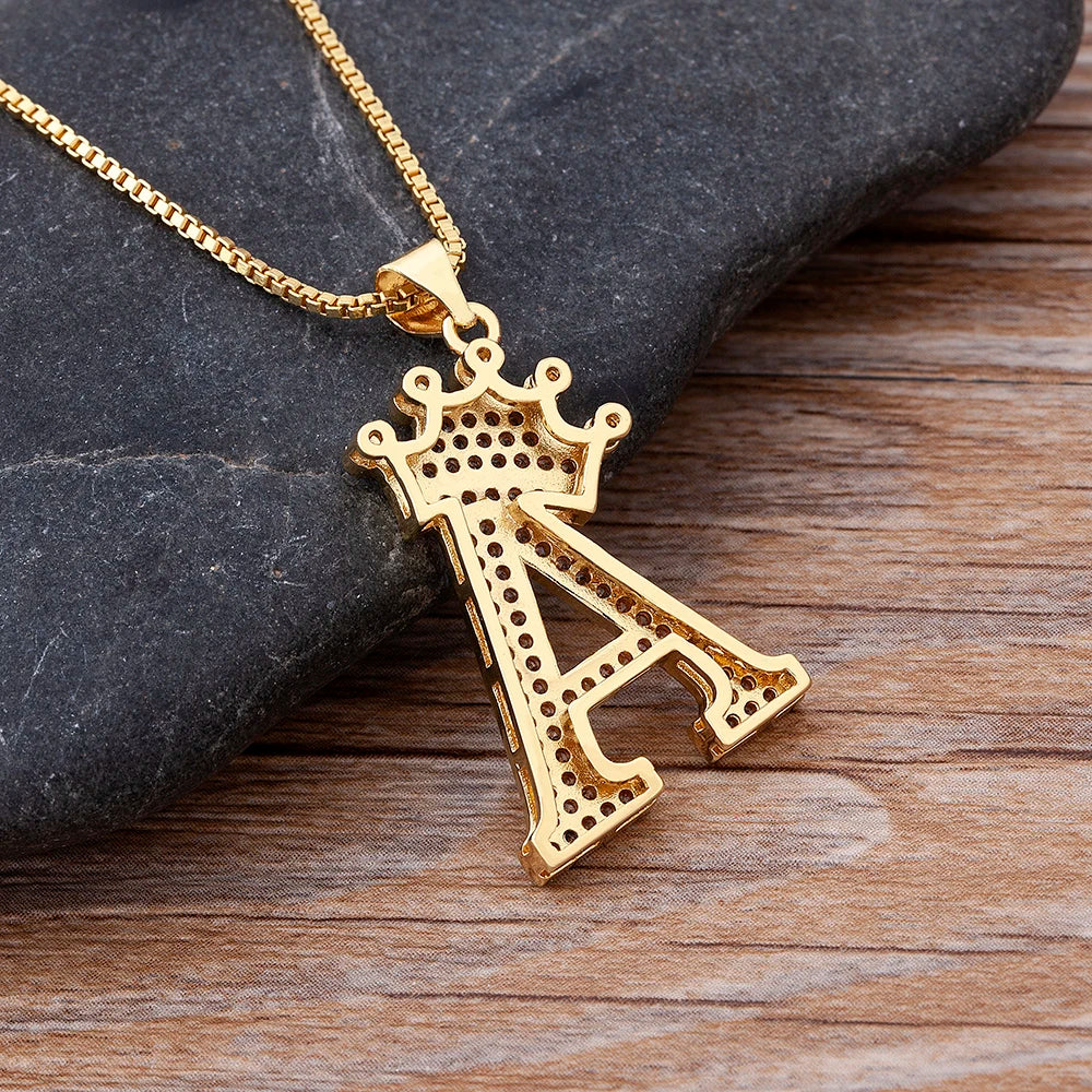 New Luxury Copper Zircon A-Z Crown Alphabet Pendant Chain Necklace Hip-Hop Style Fashion Woman Man Initial Name Jewelry goobingoo