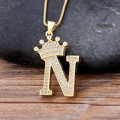 New Luxury Copper Zircon A-Z Crown Alphabet Pendant Chain Necklace Hip-Hop Style Fashion Woman Man Initial Name Jewelry goobingoo