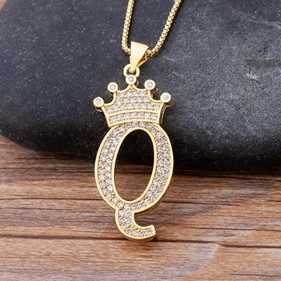 New Luxury Copper Zircon A-Z Crown Alphabet Pendant Chain Necklace Hip-Hop Style Fashion Woman Man Initial Name Jewelry goobingoo