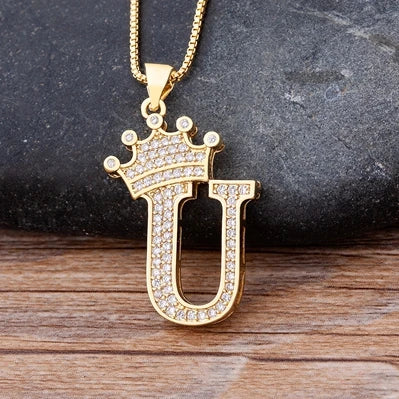New Luxury Copper Zircon A-Z Crown Alphabet Pendant Chain Necklace Hip-Hop Style Fashion Woman Man Initial Name Jewelry goobingoo
