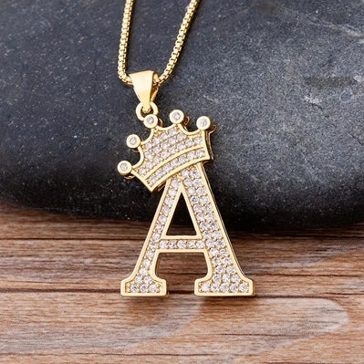 New Luxury Copper Zircon A-Z Crown Alphabet Pendant Chain Necklace Hip-Hop Style Fashion Woman Man Initial Name Jewelry goobingoo