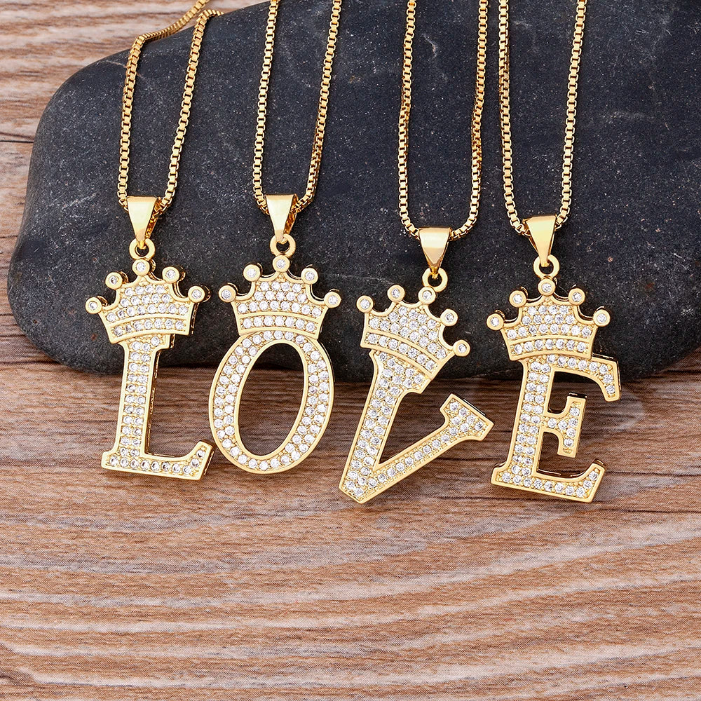 New Luxury Copper Zircon A-Z Crown Alphabet Pendant Chain Necklace Hip-Hop Style Fashion Woman Man Initial Name Jewelry goobingoo