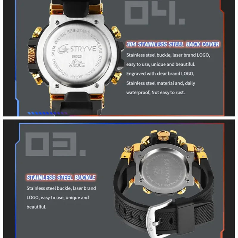 New STRYVE Watch for Men's Digital-Analog Dual Movement Luminous Calendar Waterproof Watches Fashion Men's Sports Watch 8025 goobingoo