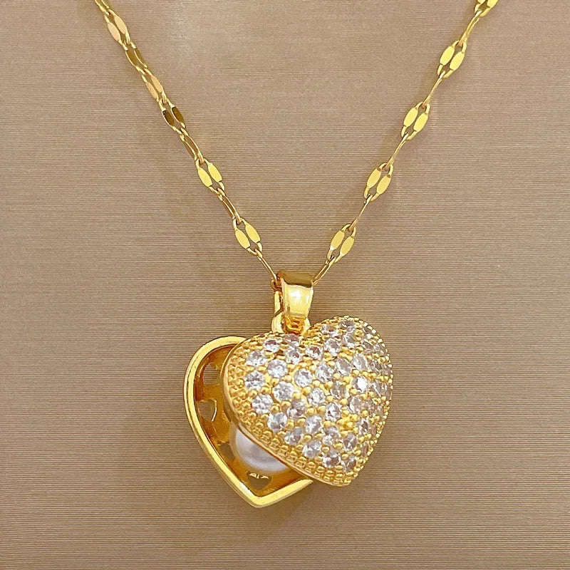 Fashionable and Luxurious Peach Heart Pearl Oyster Necklace, Personalized and Versatile Stainless Steel Clavicle Chain goobingoo