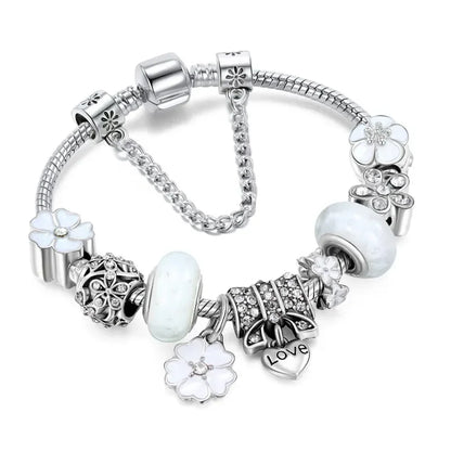 Glass Pearl Bead Bracelet — Retro Floral Charm Design