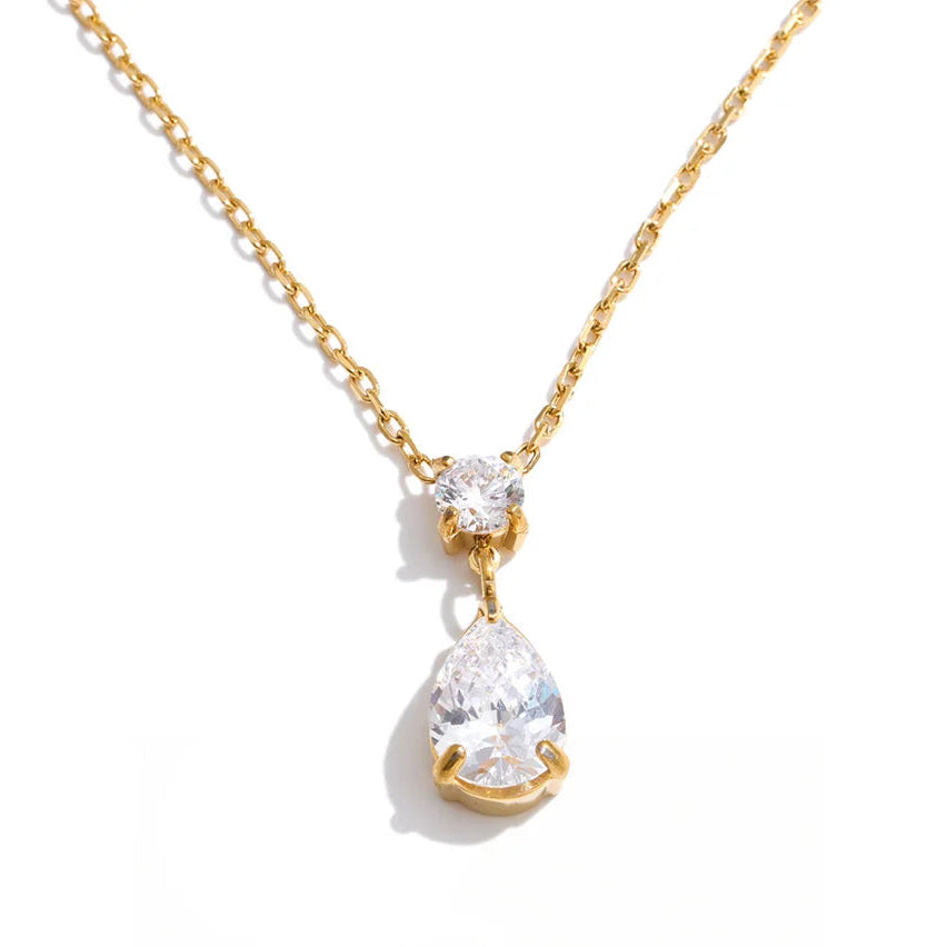 Cubic Zirconia Water Drop Pendant Necklace Stainless Steel