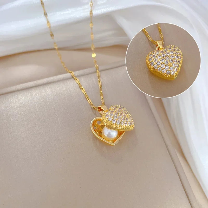 Fashionable and Luxurious Peach Heart Pearl Oyster Necklace, Personalized and Versatile Stainless Steel Clavicle Chain goobingoo
