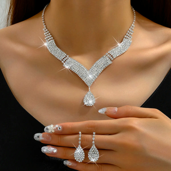Rhinestone Teardrop Jewelry Set Necklace Earrings Wedding Bridal