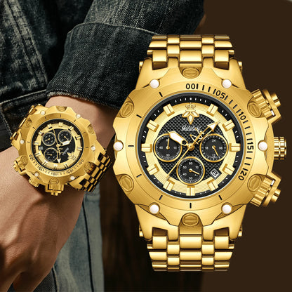 goobingoo, gold chronograph watch, mens oversized watch, blue dial gold watch, luxury stainless steel watch, bold executive timepiece, diver style watch, waterproof quartz watch, gold link bracelet, statement mens watch goobingoo