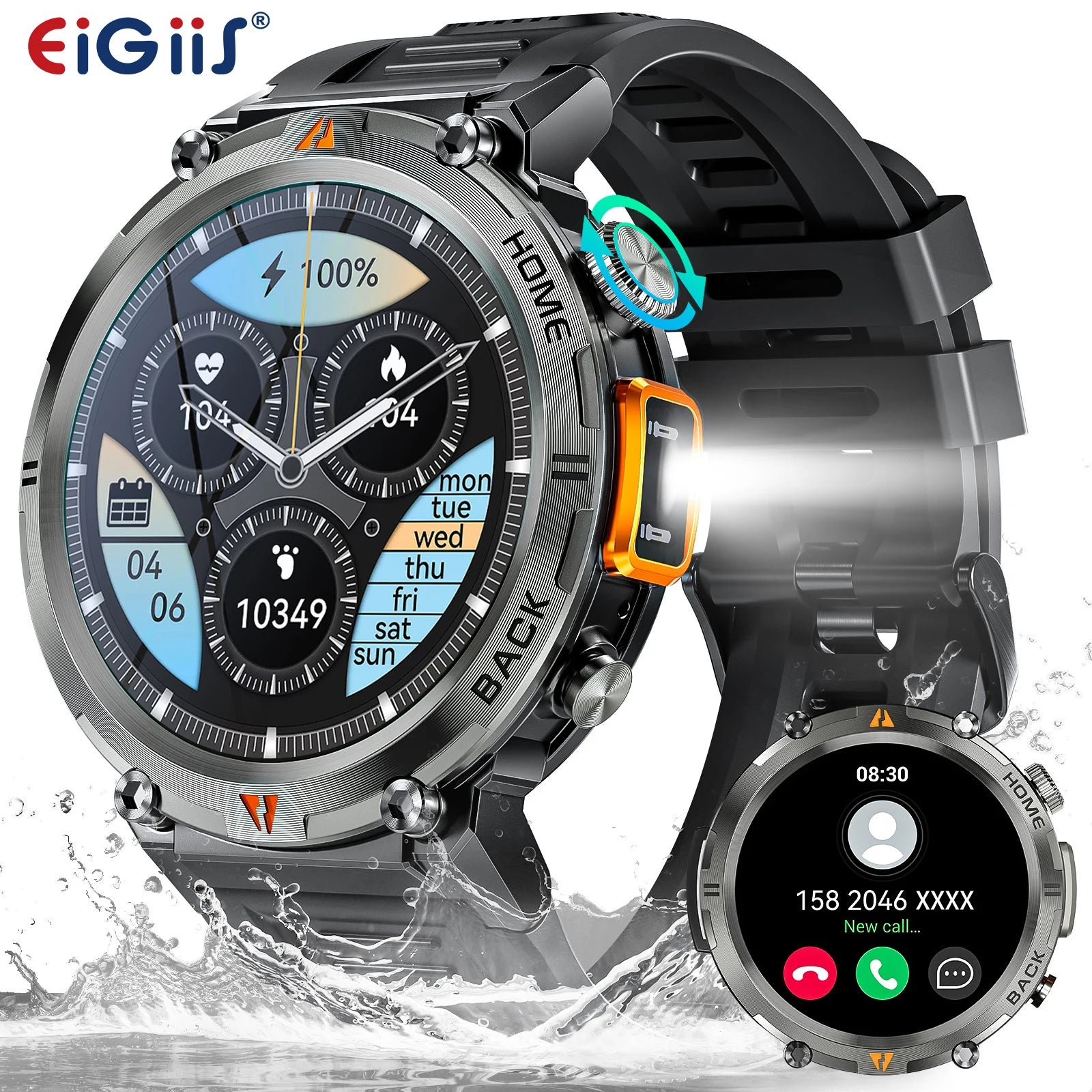 EIGIIS KE3 2025 New Bluetooth Call smartwatch for men Full Touch Screen With Health Monitor heart rate Flashlight Smart watch goobingoo