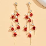 Vintage Rose Drop Earrings Long Diamond Elegant Jewelry