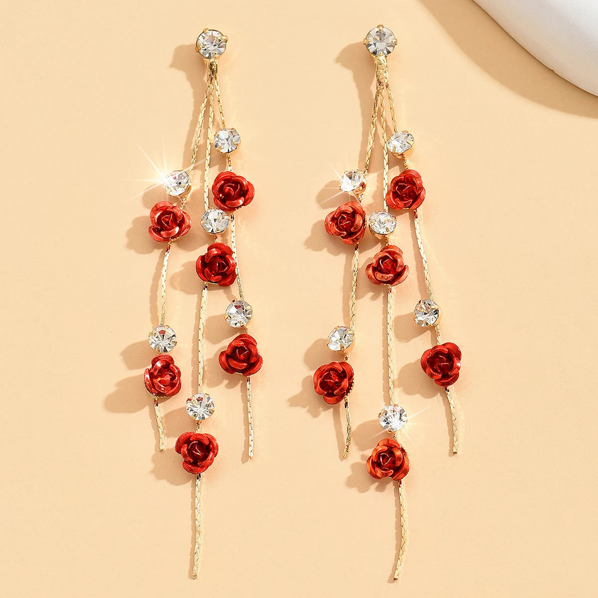 Vintage Rose Drop Earrings Long Diamond Elegant Jewelry
