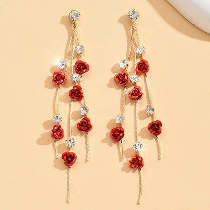 Vintage Rose Drop Earrings Long Diamond Elegant Jewelry