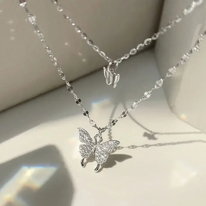 Double Layer Butterfly Necklace Sparkling Elegant Jewelry