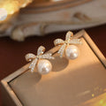 Bow Pearl Stud Earrings Elegant Diamond Accent Jewelry