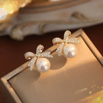Bow Pearl Stud Earrings Elegant Diamond Accent Jewelry