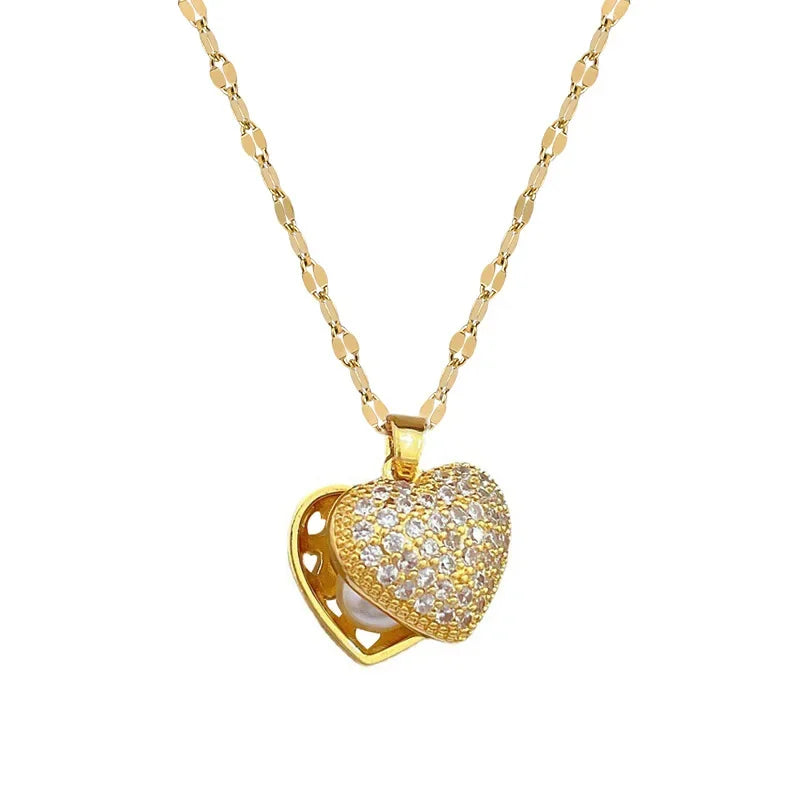 Fashionable and Luxurious Peach Heart Pearl Oyster Necklace, Personalized and Versatile Stainless Steel Clavicle Chain goobingoo