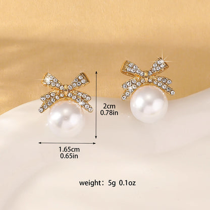 Bow Pearl Stud Earrings Elegant Diamond Accent Jewelry