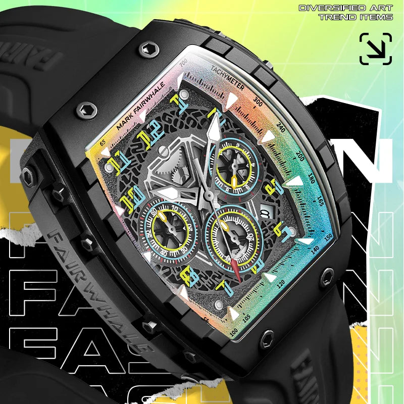Mark Fairwhale 5001 New Trend Mens Watch Tonneau Dial Chronograph Calendar Luminous Waterproof Quartz Watch for Men Reloj Hombre goobingoo