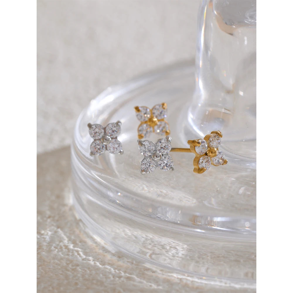Cubic Zirconia Flower Stud Earrings 316L Stainless Steel