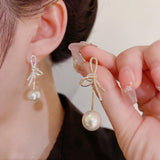 Bow Pearl Stud Earrings Elegant Diamond Accent Jewelry