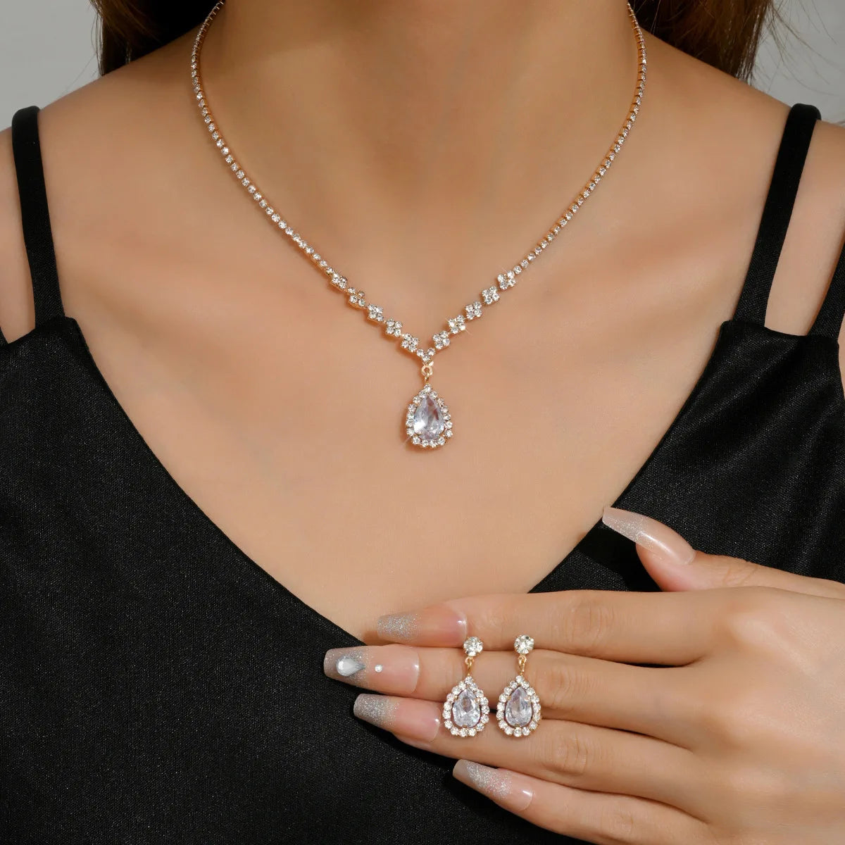 Elegant Droplet Necklace Earrings Set Wedding Party Jewelry