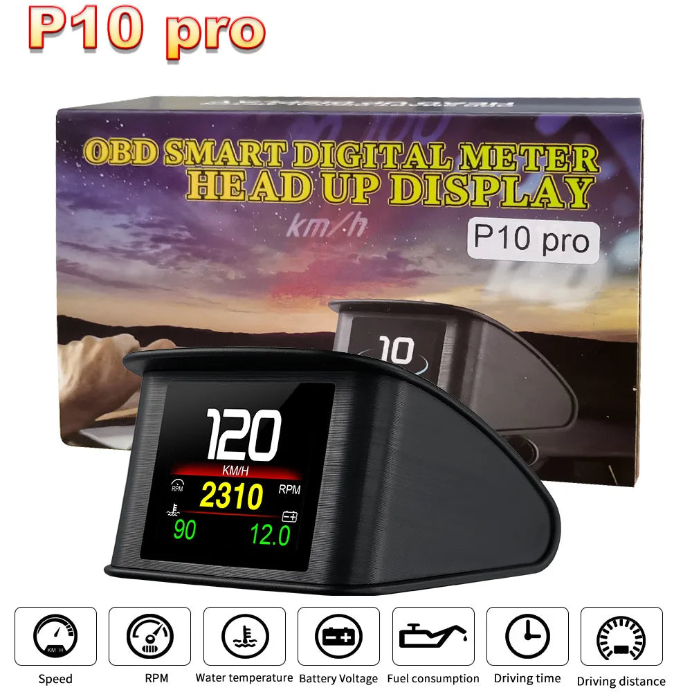 P10 Pro Head Up Display OBD2 Car Digital Speedometer Mileage & Temperature Gauge