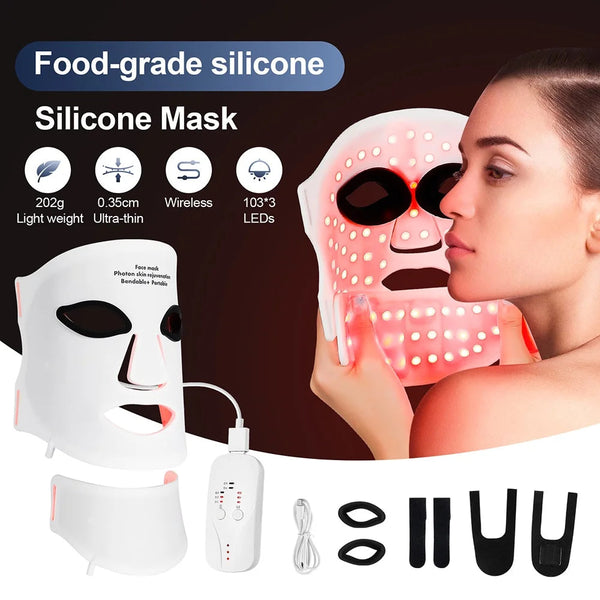 Pro 309-LED Red Light Therapy Face & Neck Mask — 7-Color Photon Skin Rejuvenation, Food-Grade Silicone, Wireless goobingoo