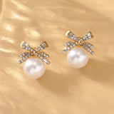 Bow Pearl Stud Earrings Elegant Diamond Accent Jewelry
