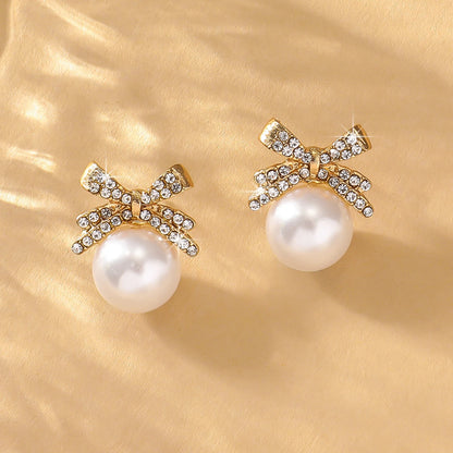 Bow Pearl Stud Earrings Elegant Diamond Accent Jewelry