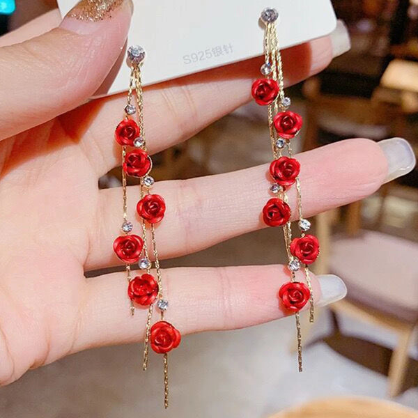 Vintage Rose Drop Earrings Long Diamond Elegant Jewelry