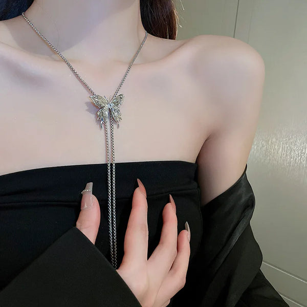 Black Rose Pendant Necklace Gothic Long Statement Chain