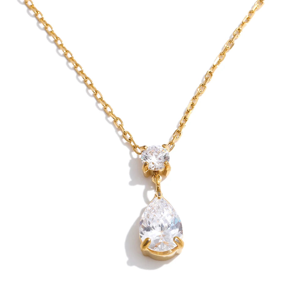 Cubic Zirconia Water Drop Pendant Necklace Stainless Steel
