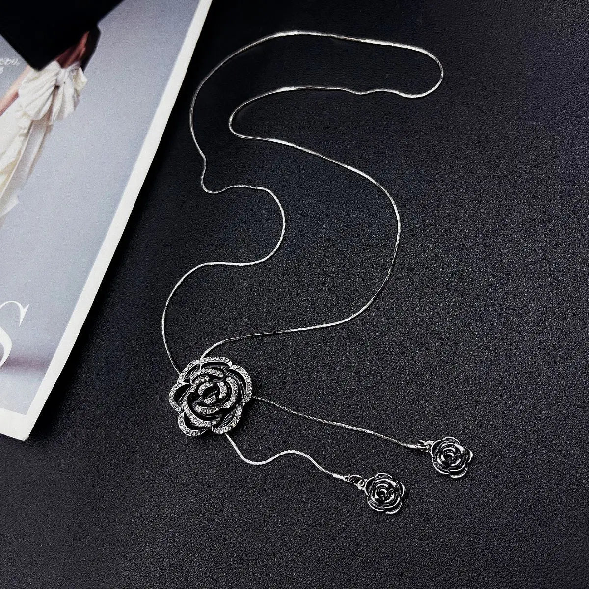 Black Rose Pendant Necklace Gothic Long Statement Chain