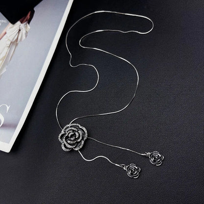 Black Rose Pendant Necklace Gothic Long Statement Chain