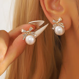 Bow Pearl Stud Earrings Elegant Diamond Accent Jewelry